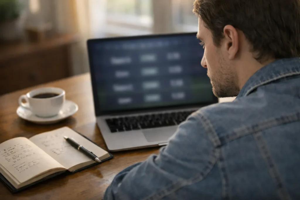 Persoon analyseert cricket wedstrijdgegevens op een laptop in een huiselijke omgeving