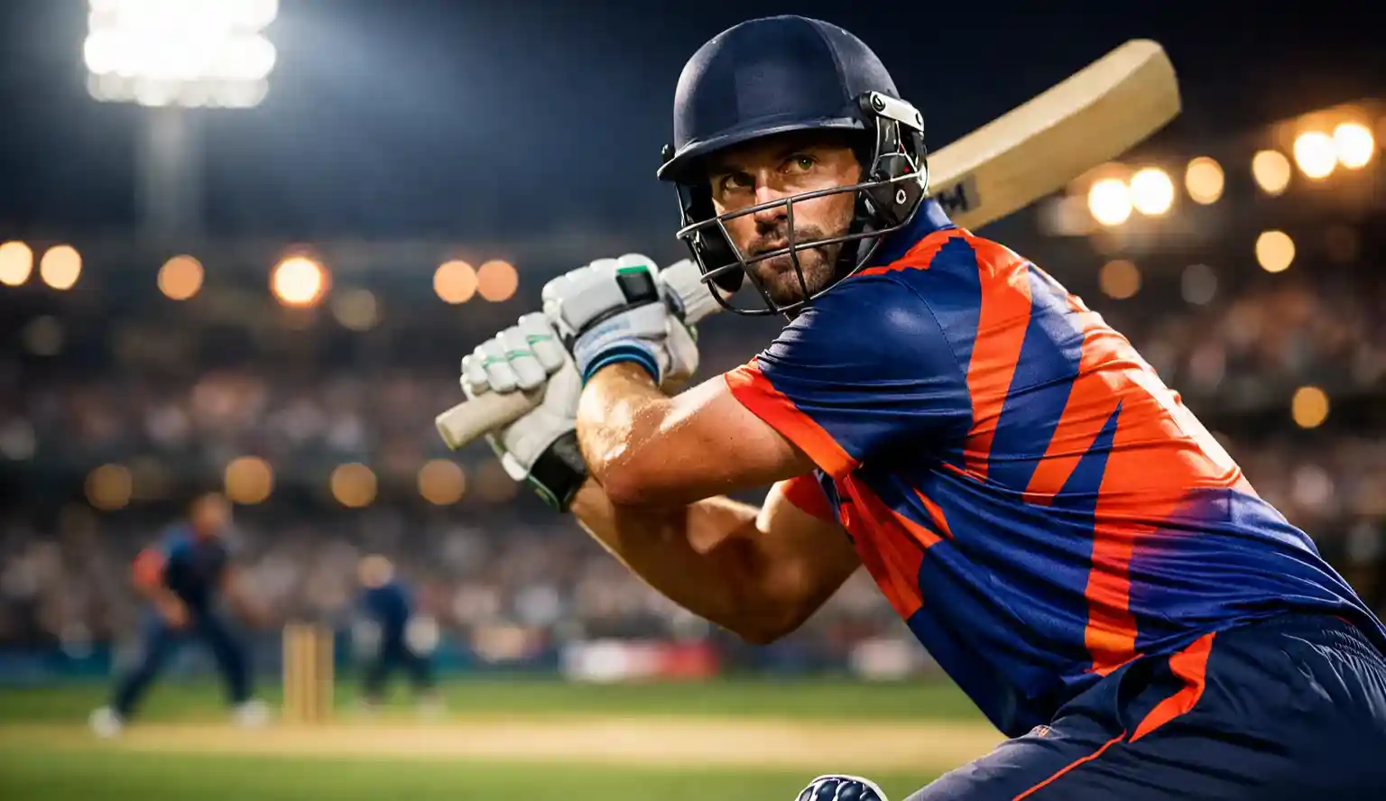 Cricketstadion vol toeschouwers tijdens een avondwedstrijd met floodlights