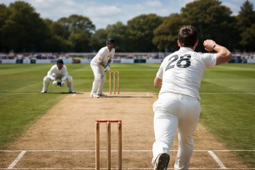 Cricketveld met wickets, batsman en bowler op een zonnige dag tijdens een wedstrijd