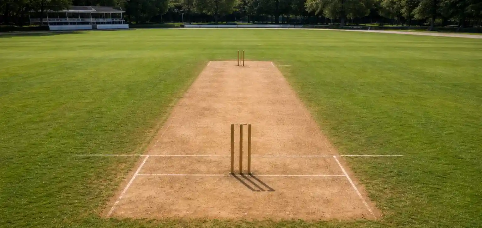 Overzicht van een cricketveld met pitch, wickets en boundary in daglicht
