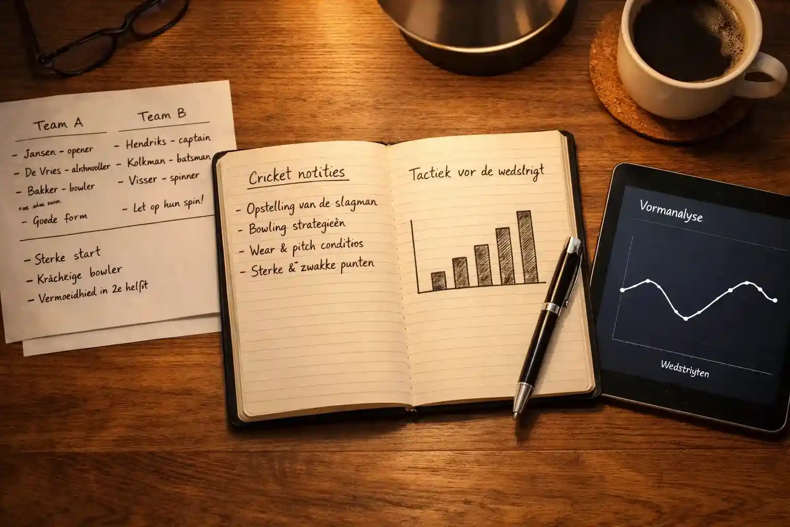 Notitieboek met cricket statistieken en een pen op een houten bureau