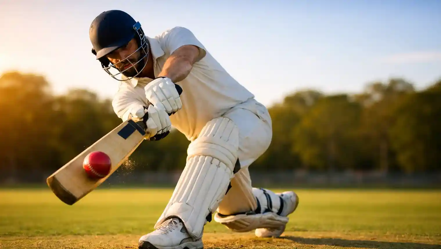 Cricketspeler slaat een bal op een groen cricketveld tijdens een wedstrijd
