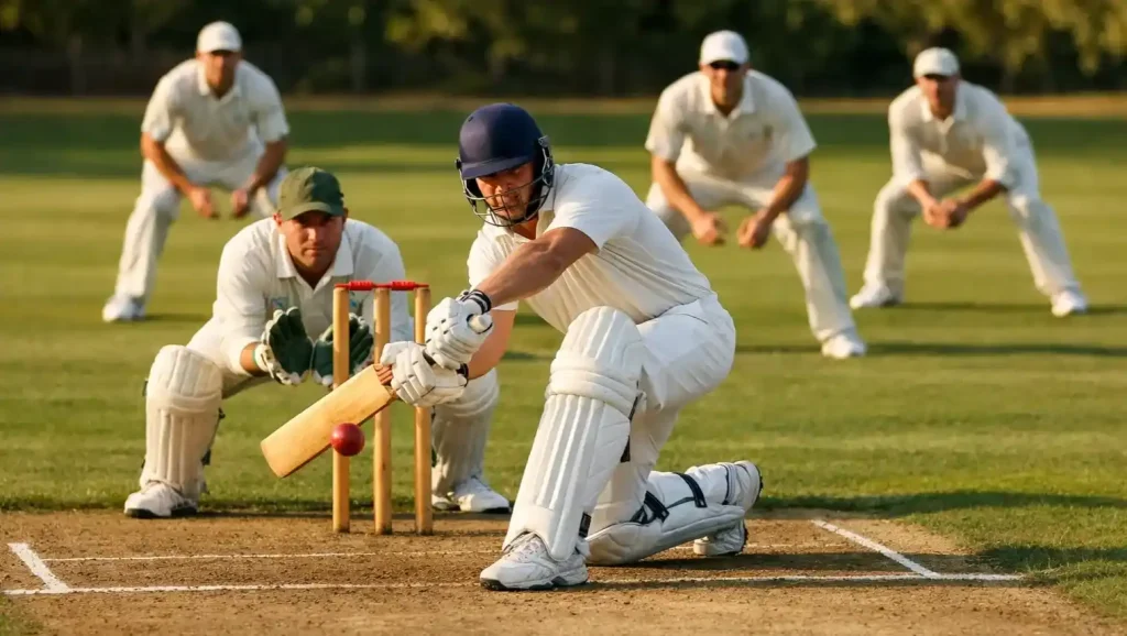 Cricketbatsman in actie op een groen veld met wickets en feldragers op de achtergrond