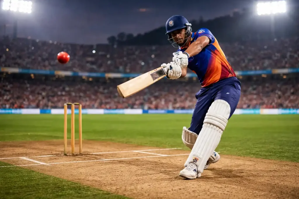 Cricketspeler slaat een bal tijdens een IPL T20-wedstrijd op een verlicht stadion