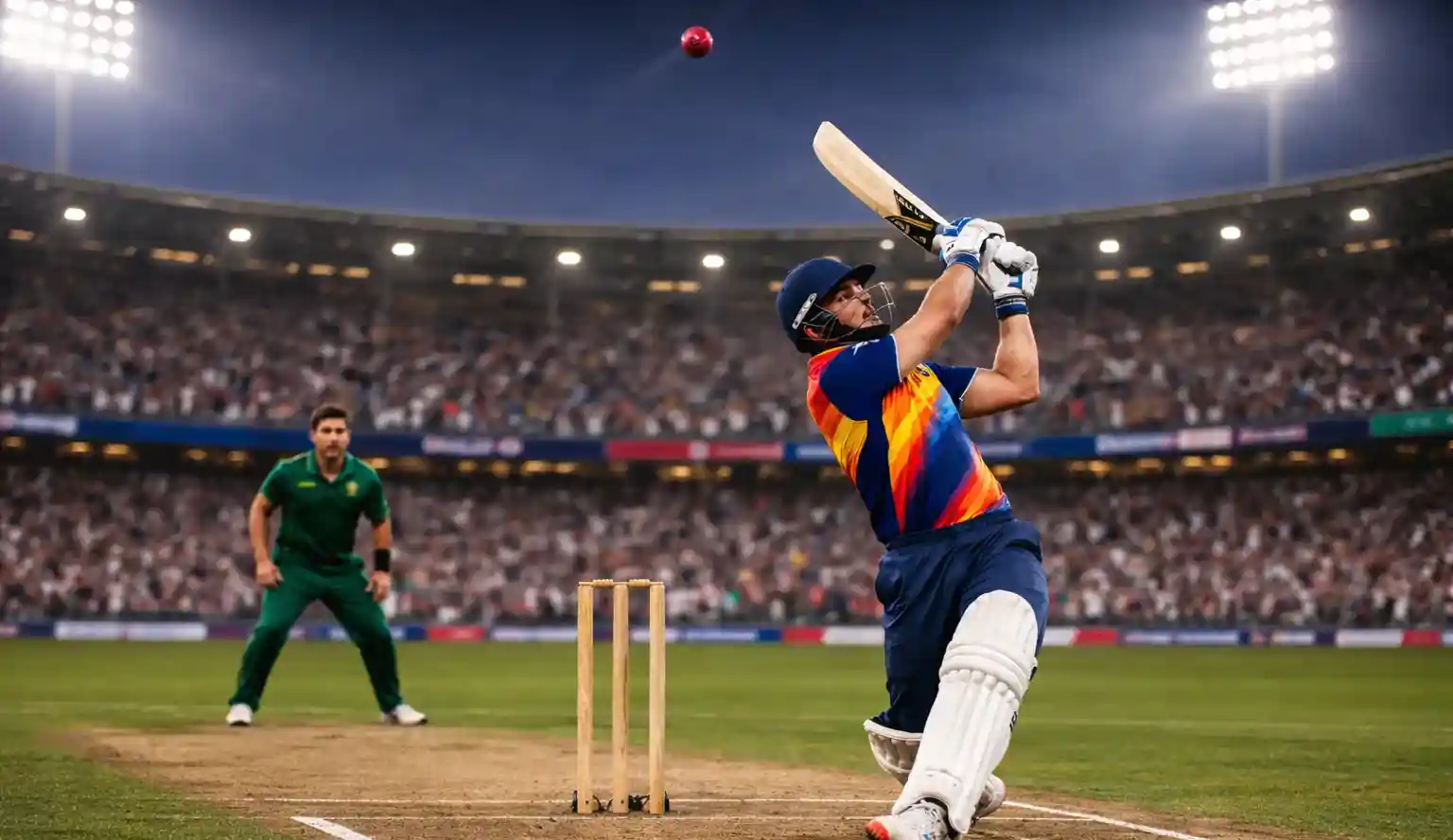 Cricketspelers in actie tijdens een T20-wedstrijd op een verlicht stadion