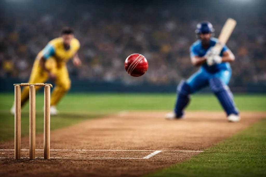 Cricketstadion bij avondlicht tijdens een live T20-wedstrijd met bowler in actie