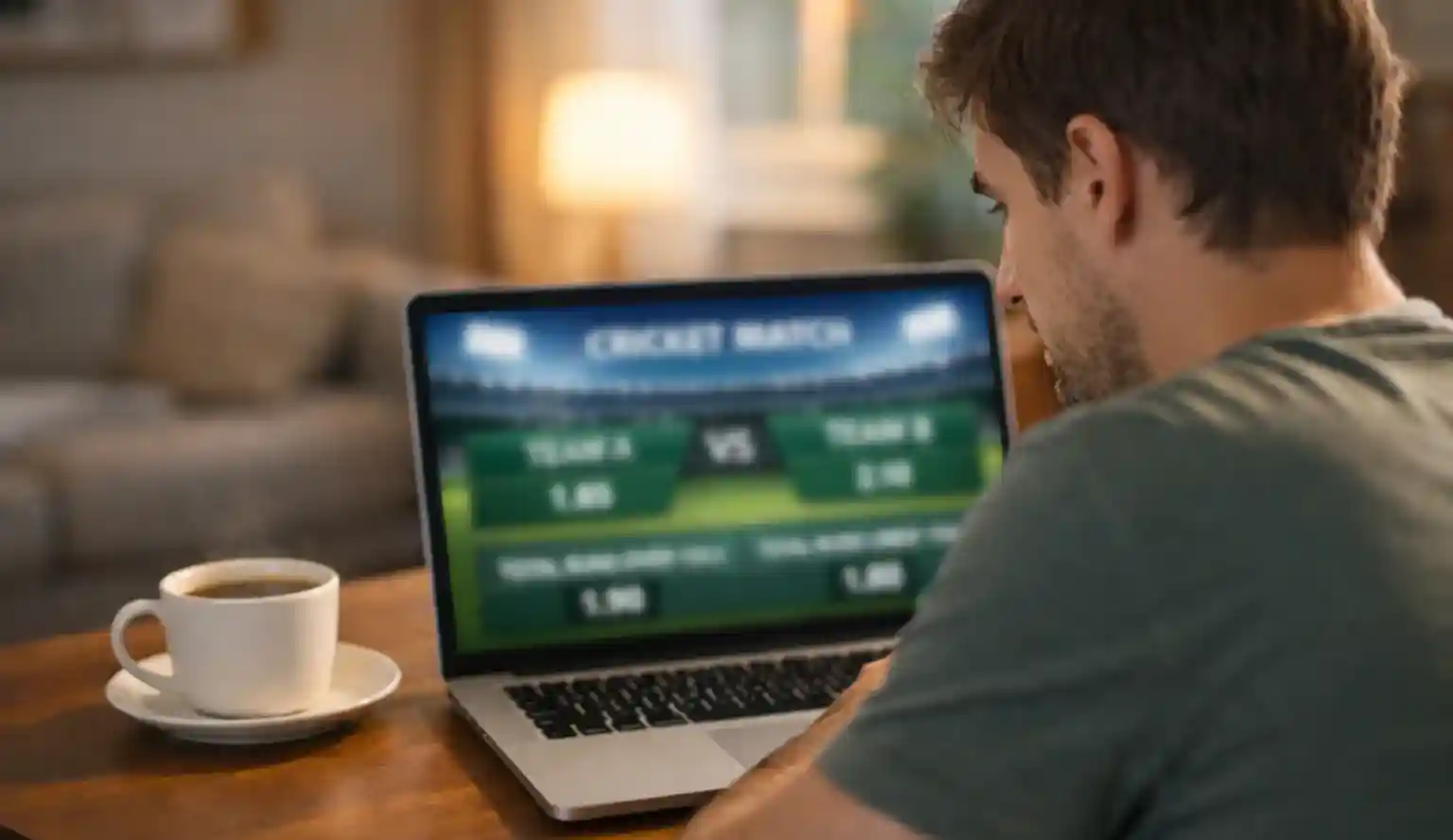 Persoon bekijkt cricket weddenschappen op een laptop in een huiskamer